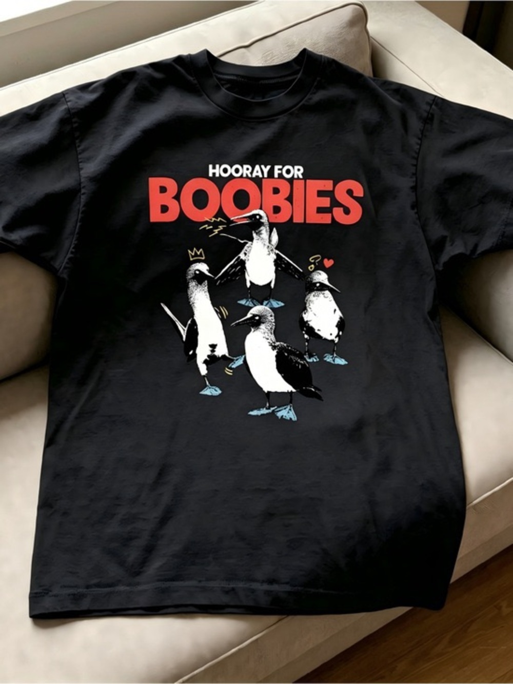 Black Short-Sleeve Graphic Tee with Red "Hooray for Boobies" Print